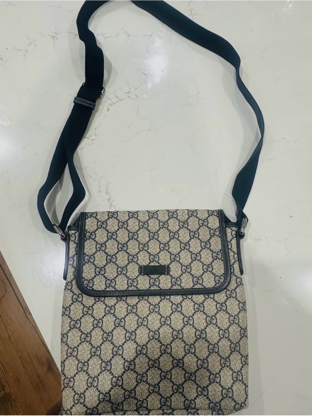 Gucci Beige GG Canvas Crossbody with Navy Trim and Strap